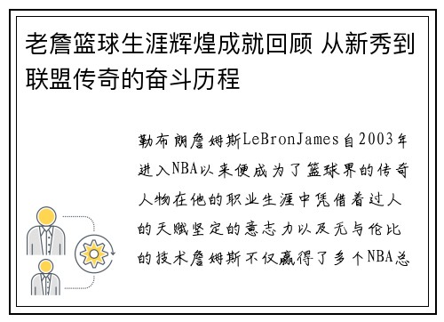 老詹篮球生涯辉煌成就回顾 从新秀到联盟传奇的奋斗历程