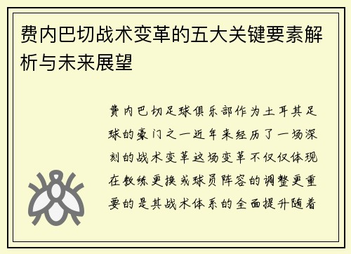 费内巴切战术变革的五大关键要素解析与未来展望 费内巴切战术变革的五大关键要素解析与未来展望