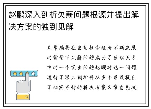 赵鹏深入剖析欠薪问题根源并提出解决方案的独到见解